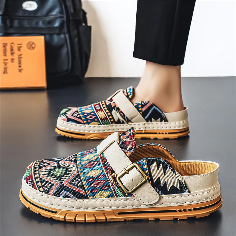 Mules Man Slip On Flats Half Shoes for Men Open-back Loafers Slippers Flat Sneakers Backless Casual Shoes Platform Slide Sandals