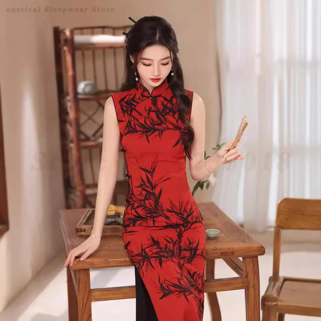 

Красное элегантное тонкое Ципао, новое летнее платье Cheongsam без рукавов в стиле ретро, улучшенное традиционное китайское платье, свадебное платье