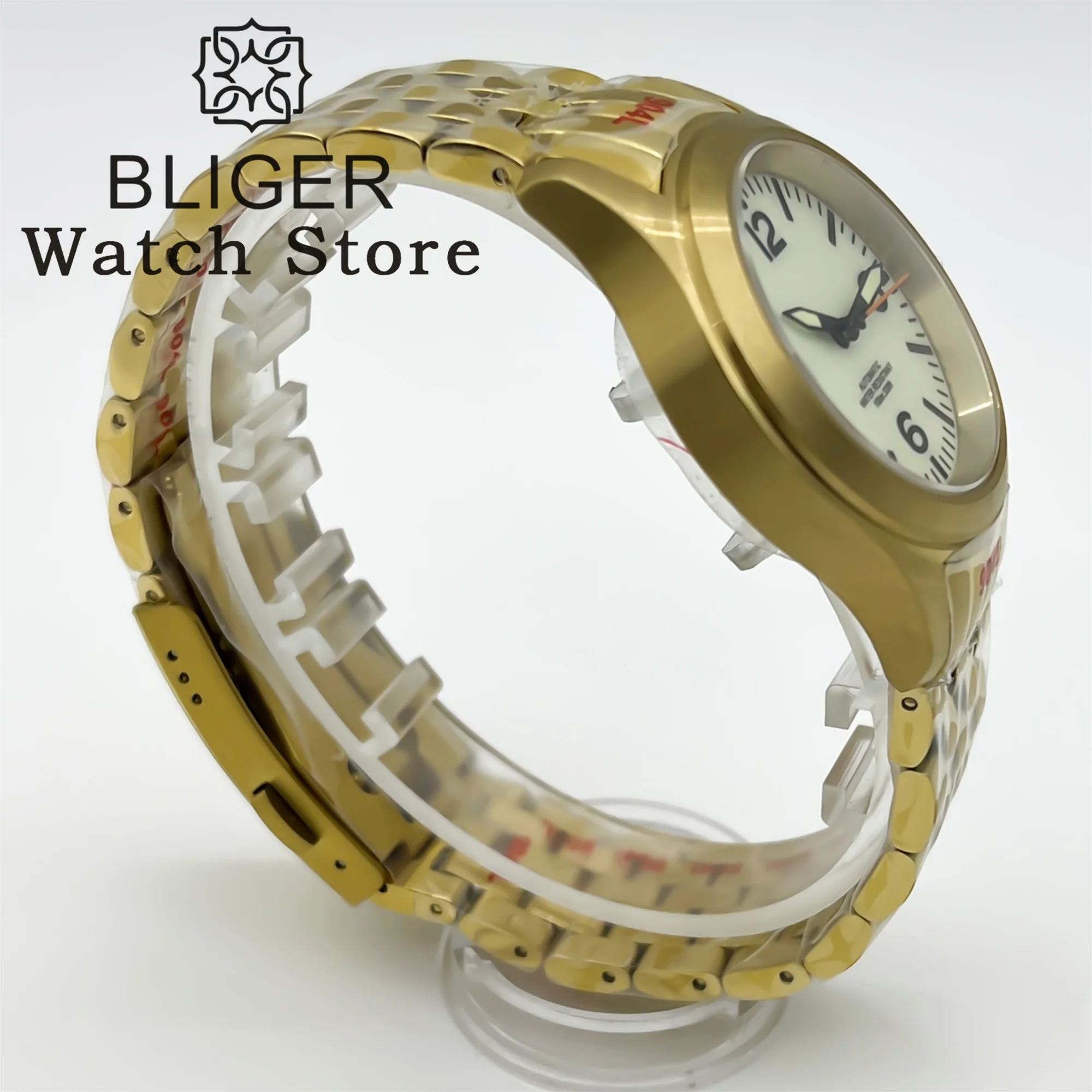 BLIGER 36mm 39mm reloj de buceo mecánico piloto dorado para hombres NH35 movt crema esfera blanca verde Super Lume zafiro correa inoxidable