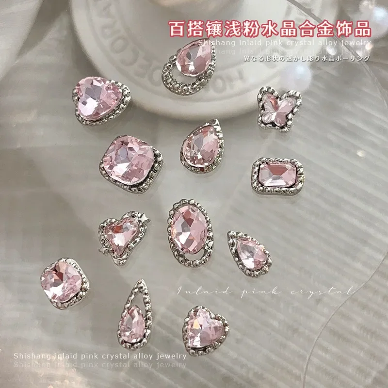 Pink White Rhinestones Butterfly Fat Square Heart Water Drop Crystal Silver Alloy Nail Art Decoration Manicure Accessory Jewelry