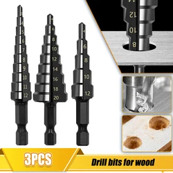 3Pcs HSS Straight Groove Step Drill Bit Woodworking Tools Nitride Black Hex Wood Metal Hole Cutter Core Drilling Tools Set