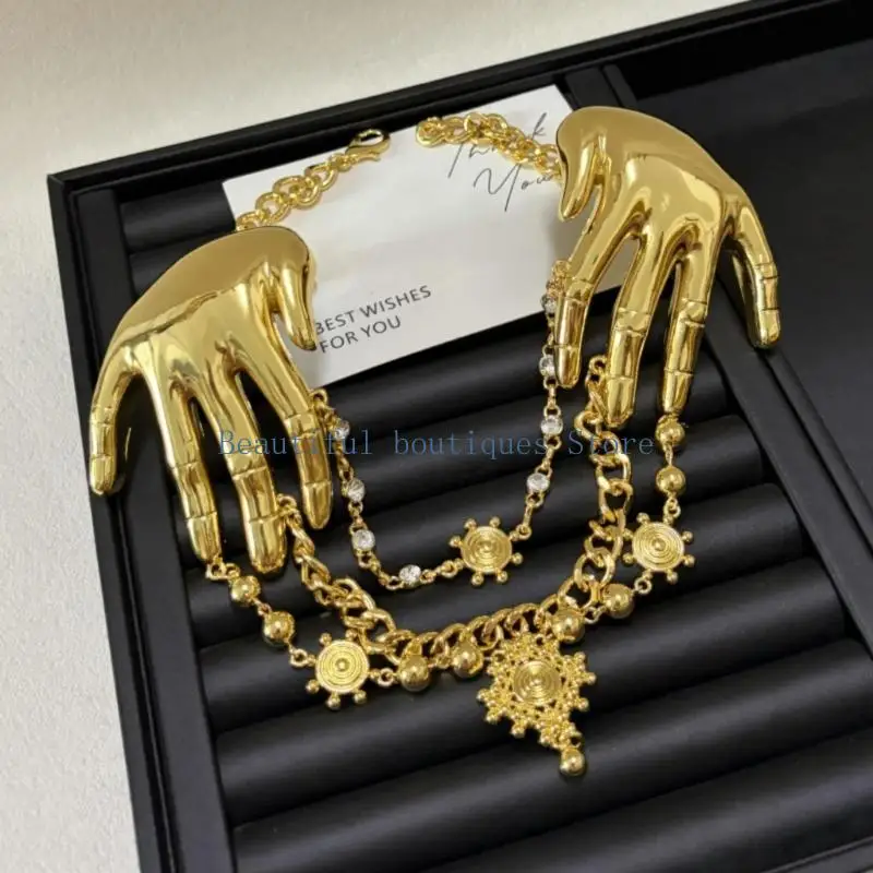 U4LF Sculptural Hand Statement Necklace with Multiple Chain Layers, Bead-Like Details, Round Discs and Lobster Clasp Closure