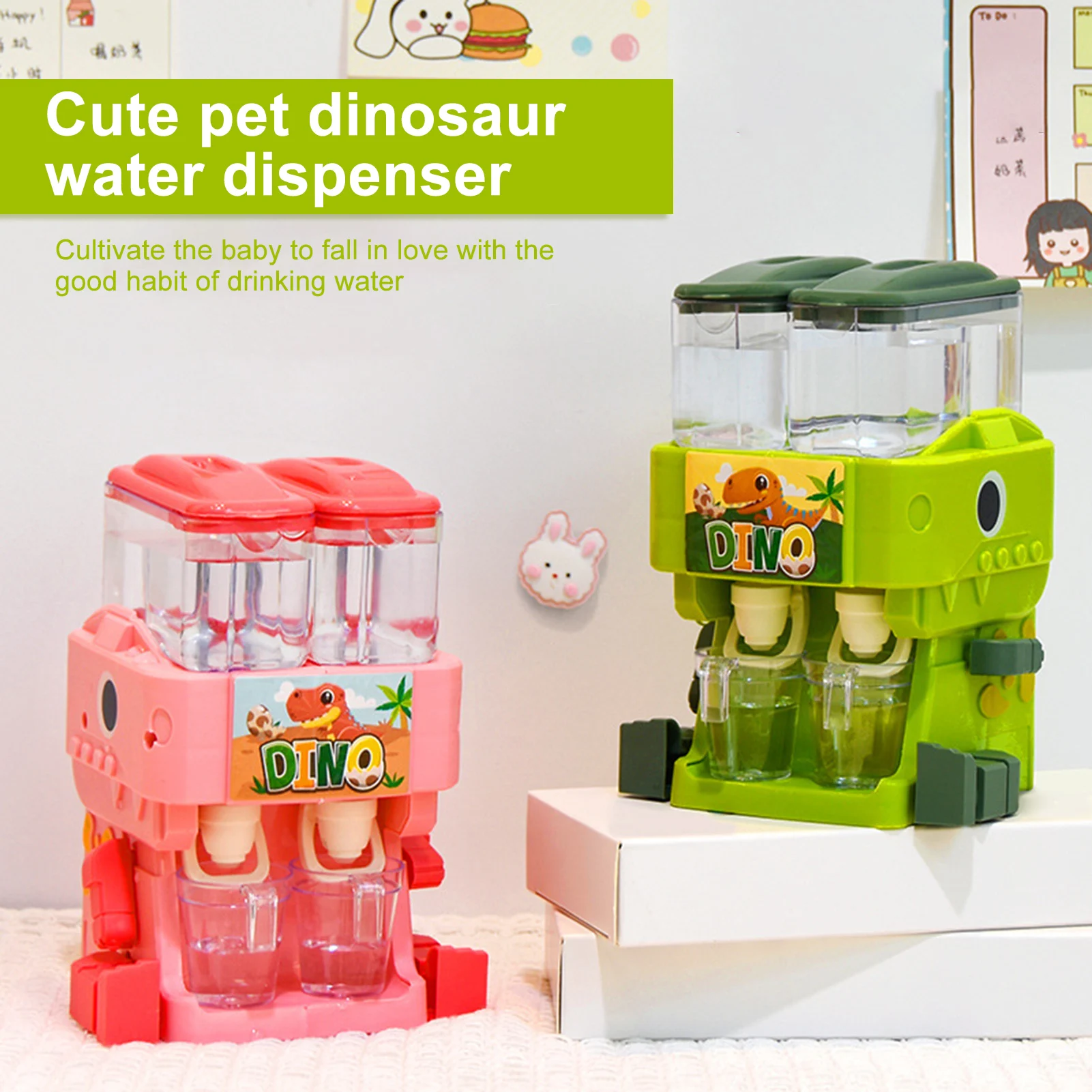 子供用恐竜デュアルウォーターディスペンサーおもちゃ、かわいいピンクとブルーの冷温水ジュース飲料噴水シミュレーションキッチンおもちゃ