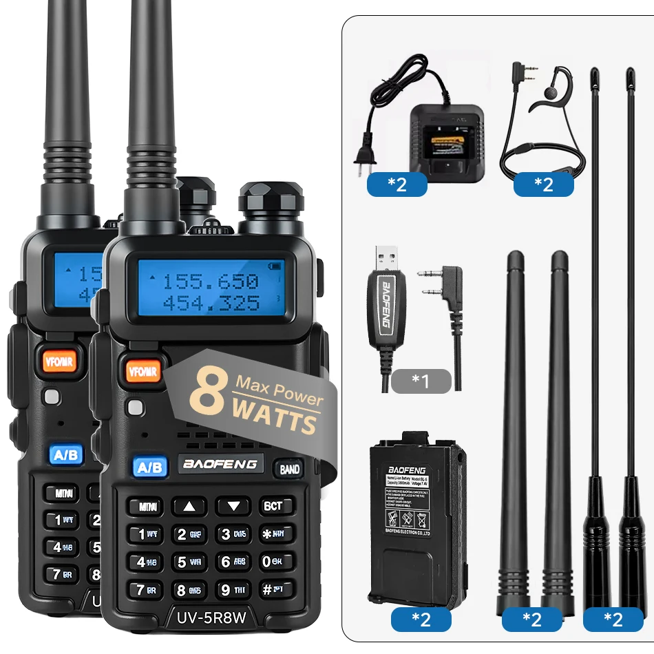 1/2 Stuks Baofeng UV-5R 8W Tri-Power Walkie Talkie High Power Dual Band Lange Afstand 128 Ch Draagbare Uv 5r Ham Tweeweg Radio