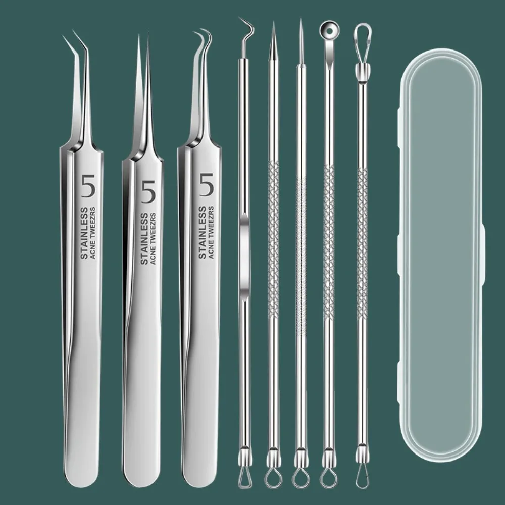 

8PCS Stainless Steel Acne Clip Pimple Needle Blackhead Remover Tweezers Comedone Extractor Facial Beauty Salon Skin Care Tools
