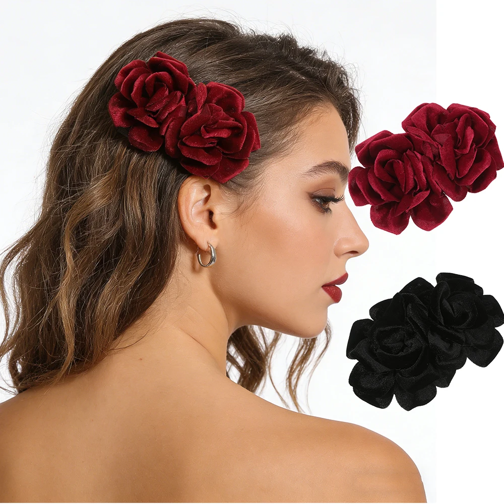 

AWAYTR Velvet Rose Flower Bow Duckbill Hairpins Fabric Headwear Romantic Hair Accessories Girl Side Bangs Clip Sweet Hair Clips