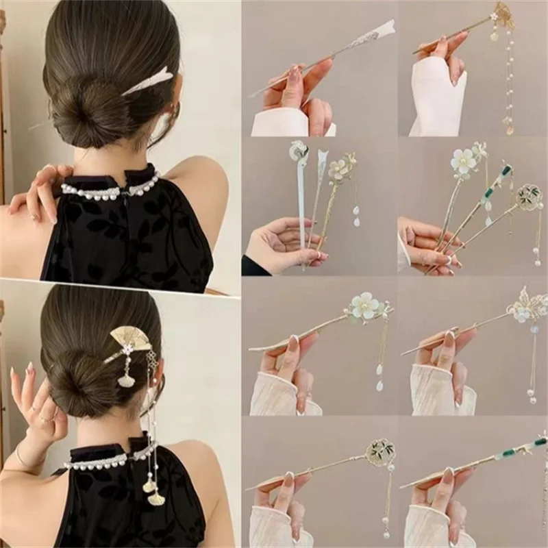 1 قطعة مشبك شعر أنيق على الطراز الصيني شرابة عصا الشعر التقليدية الأزهار تصفيفة الشعر الإكسسوارات النساء مجوهرات دبوس الشعر إبرة الشعر
