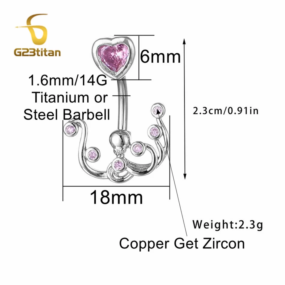 Silver Color Octopus Navel Rings Pink Zircon F136 Titanium 14G Curved Barbell Nombril Body Piercing Women Belly Button Jewelry