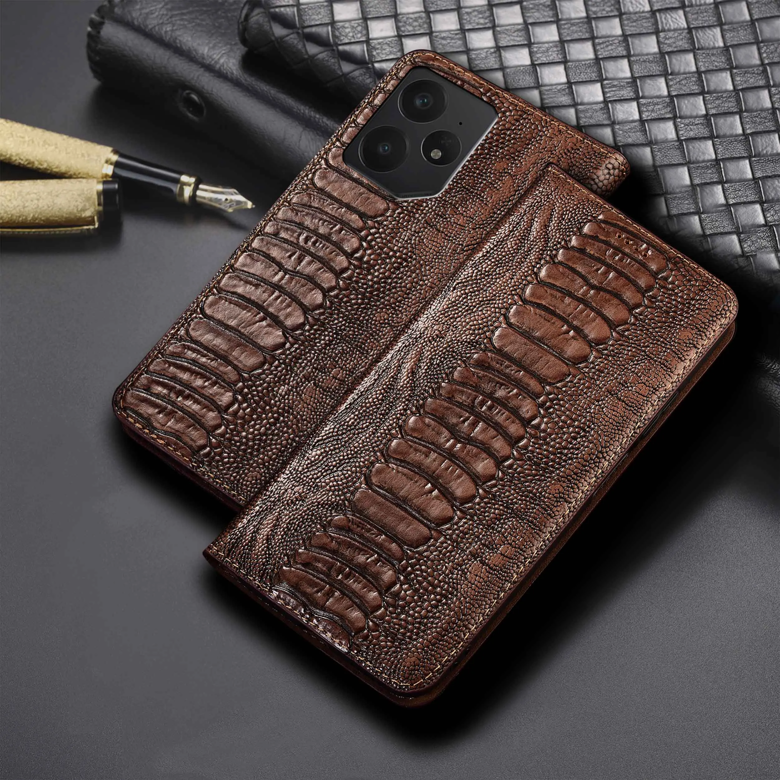 

For Realme GT Neo 2 3 3T 5 6 7 7X SE Turbo Ostrich Feet Pattern Of Genuine Leather Wallet Flip Phone Cover Case Cowhide Non-Slip