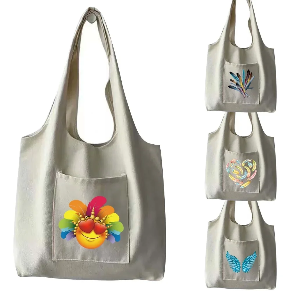 

Shopping Bag 2025 Womens Canvas Shoulder Bag Female Hand Bags Polyester Storage Reusable Feather Print Foldable Tote Bag