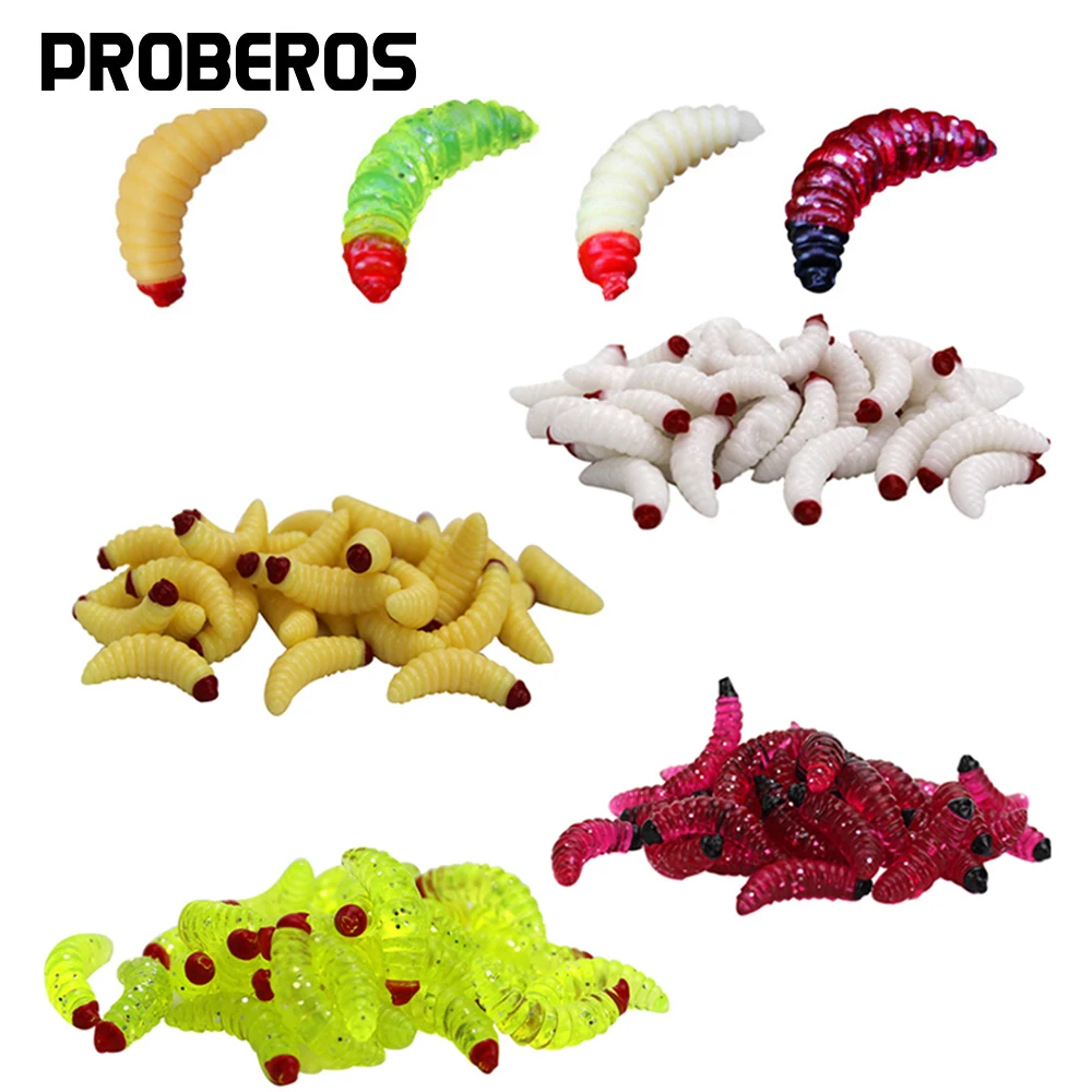 50Pcs 1Inch Bass Fishing Worms Lures Silicone Soft Maggot Baits Bread Worm Vivid Plastic for Crappie Bass Trout