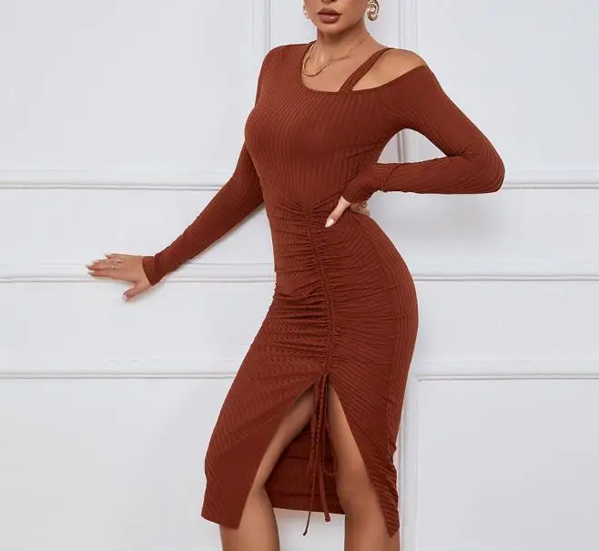 

Women Dresses 2026 Spring Autumn New Solid Color Off Shoulder Long Sleeve Split Hem Slim Fit Hip Hugging Midi Dress