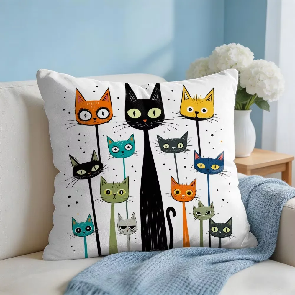 Cushion Cover Whimsical Cat Faces Short Plush Soft Double-Sided Printing Pillow Case Cozy Sofa Bedroom Home Decor Gift