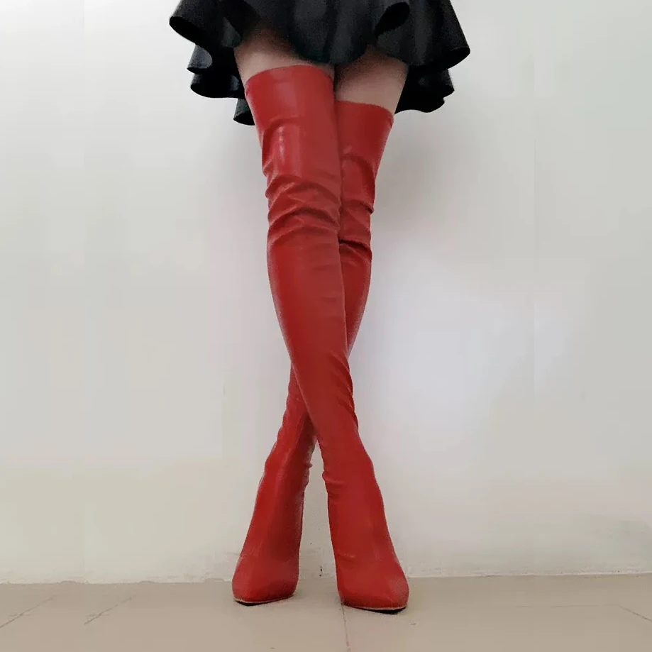 Arden Furtado Spring Autumn Elastic PU Thin heel Over the knee boots Pointed toe Patchwork Super high heel Thin leg Modern boots