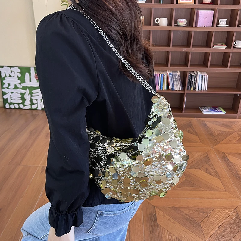 Bolsos de Noche con Lentejuelas Brillantes en Forma de Media Luna, Bolsos de Lujo para Bodas, Bolsos Cruzados con Cadena Brillante, Bolsos Tipo Hobo, Bolsos de Mano Brillantes para Discoteca