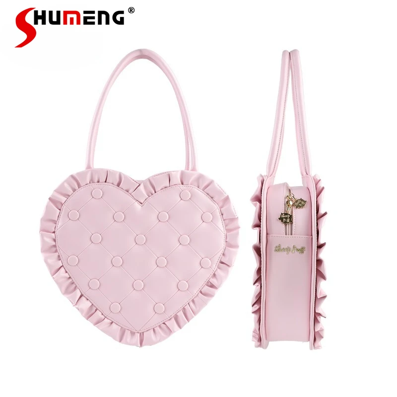 Heart Pillow Bags Ladies Lolita Heart Vintage Bag Lace Handbag Shoulder Bag Women's Japanese Rojita Kawaii Zipper Shopping Bags