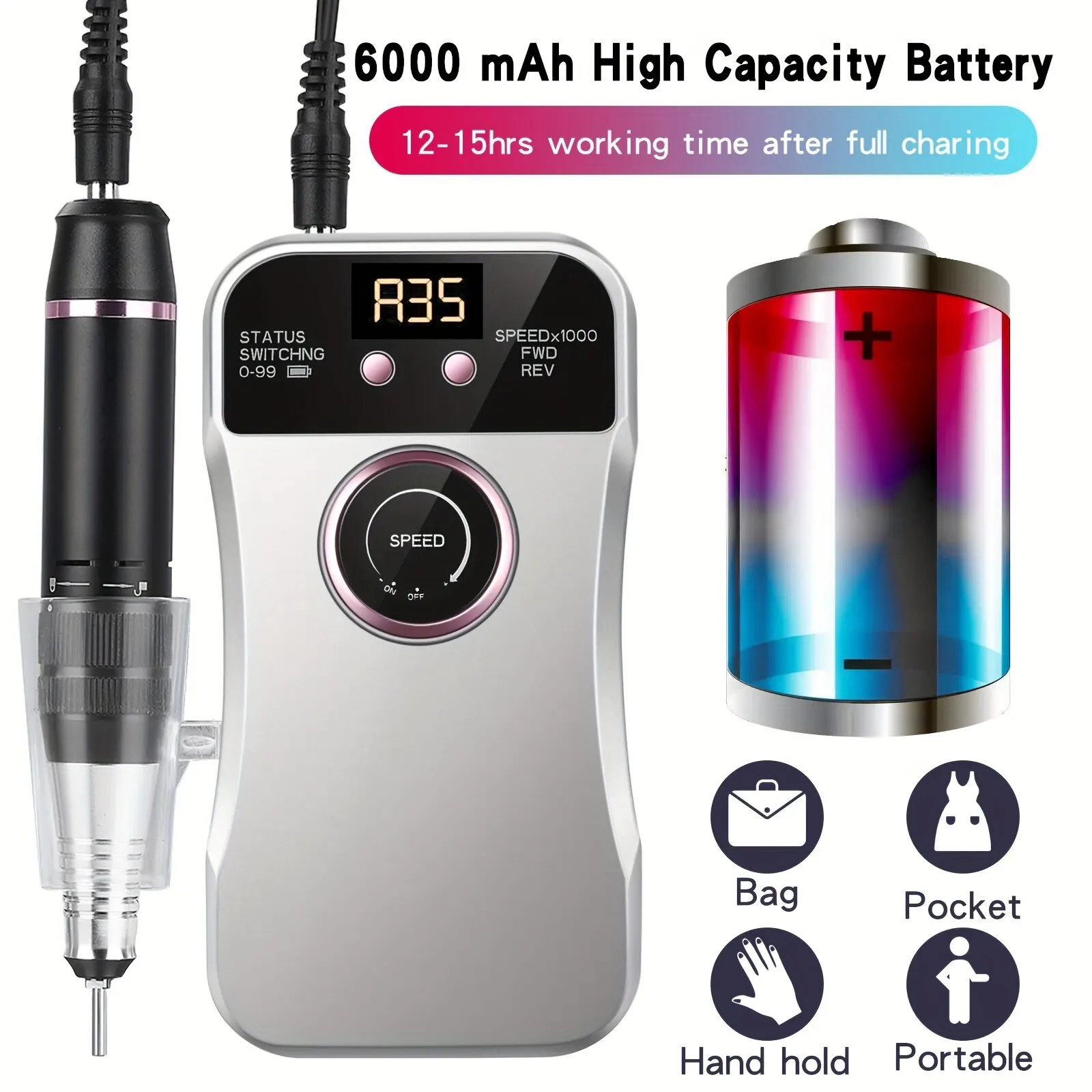 ماكينة حفر الأظافر المحمولة القابلة لإعادة الشحن ، 65 واط ، 35000 دورة في الدقيقة ، قابلة لإعادة الشحن ، الاكريليك ، إزالة الأظافر ، تلميع ، مجموعة مانيكير وباديكير #2