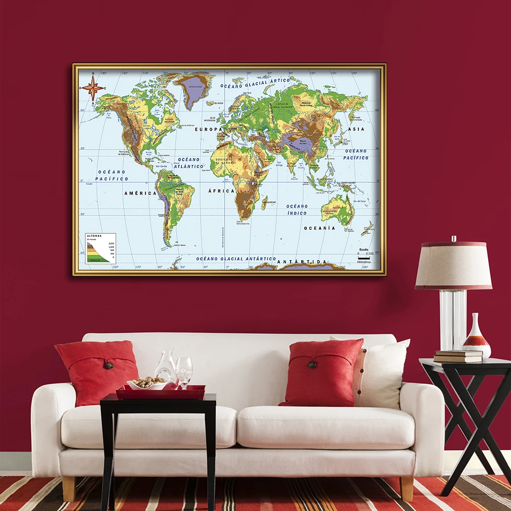 Non-Woven Canvas Pintura Wall Art Poster do Mundo, Mapa Orográfico em Espanhol, Casa e Decoração de Escritório, Material Escolar, 150*100cm