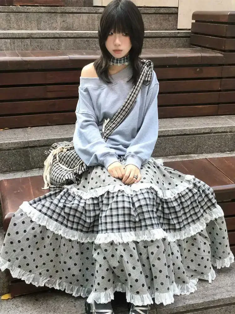 Women's Clothing Black Long Skirt Aesthetic Y2k Lace Patchwork A-line Skirt Harajuku Emo 2000s Plaid Summer 2026