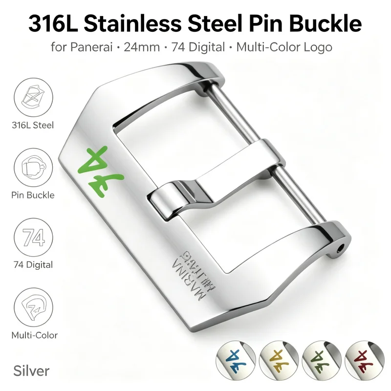 24mm Premium Polished 316L Stainless Steel Pin Buckle for Panerai 74 Digital Multi-Color Logo Men Replacement Watch Accessories
