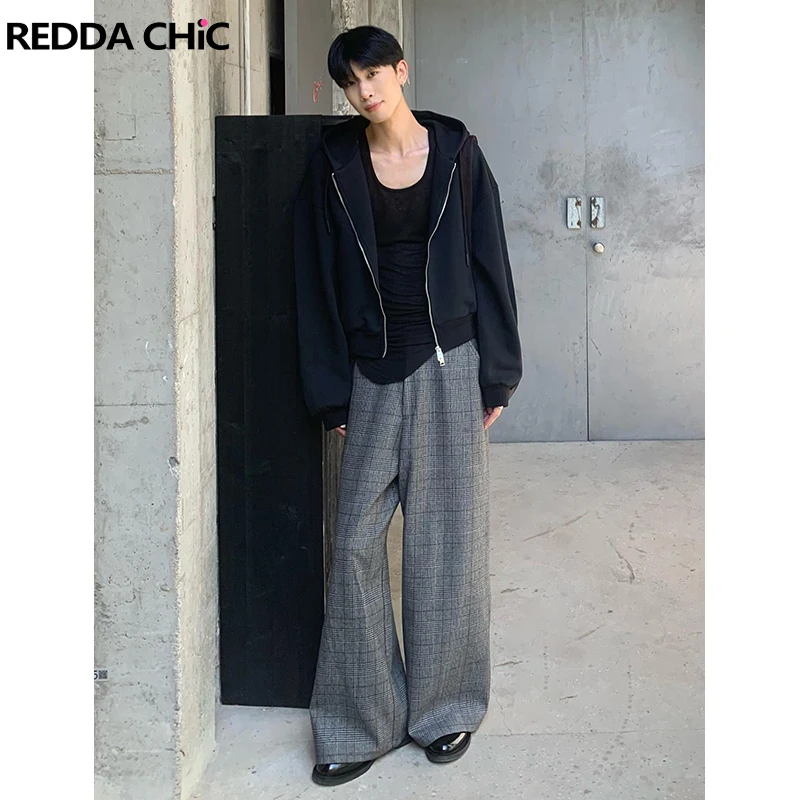 

REDDACHIC Деловые мужские клетчатые твидовые широкие брюки, повседневные свободные брюки, клетчатые драпированные длинные брюки, винтажная одежда
