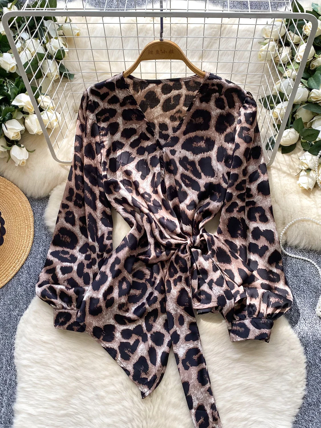 Cross-Band Waist-Cinching Lantern Sve Leopard Print irt Trendy Asymmetrical Design Loose Fit Polyester Fiber Women's irt