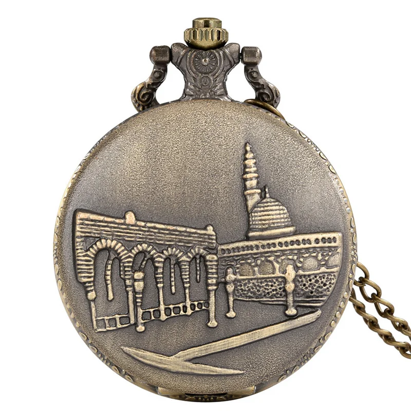 

Bronze Style Jerusalem Landmark Pocket Watch Arabic Numeral Display Quartz Movement Timepiece with Necklace Chain for Men Women