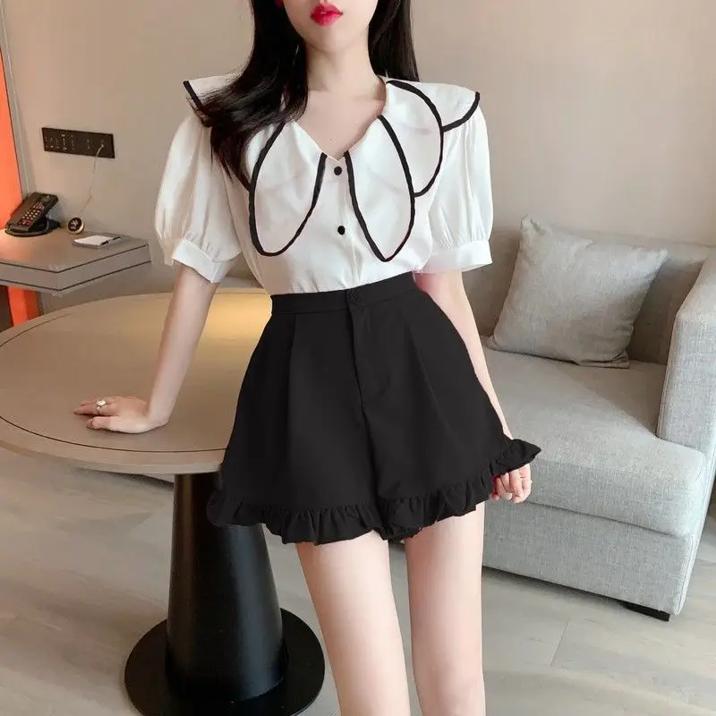 ​Women's Ruffled Shorts 2026 Summer Loose Korean Fashion Wide Leg Trousers Style Student Campus Ruched Waist Flared Shorts​