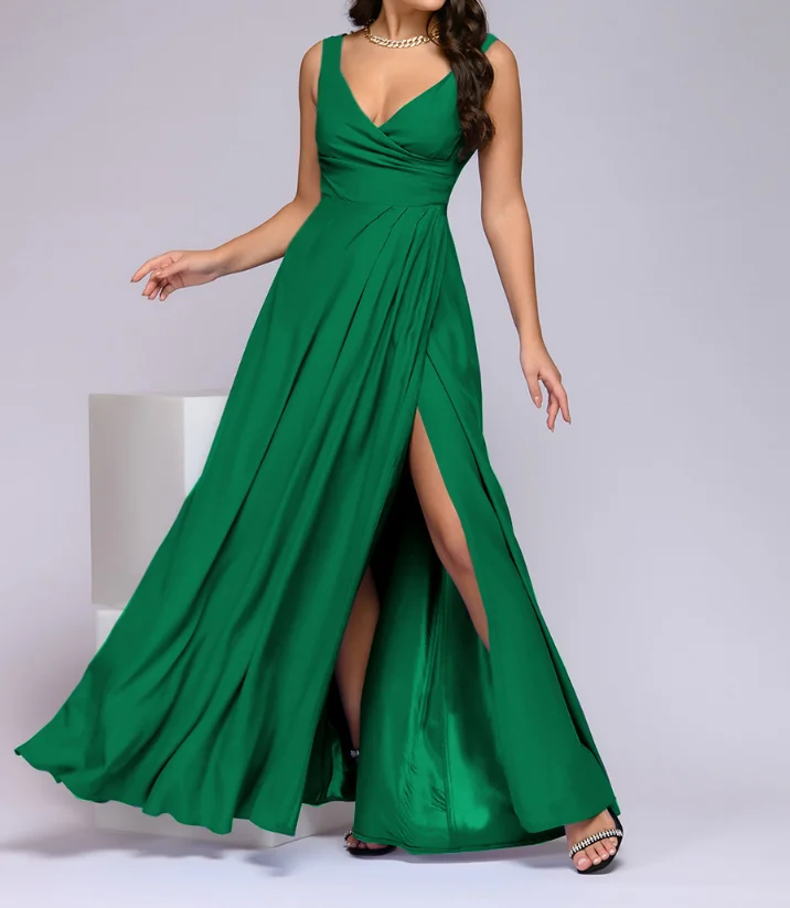 

Women's Dress Summer New French Elegant Sexy Style Solid Color Simple Deep V-Neck High Waist Slit Design Sleeveless Dress