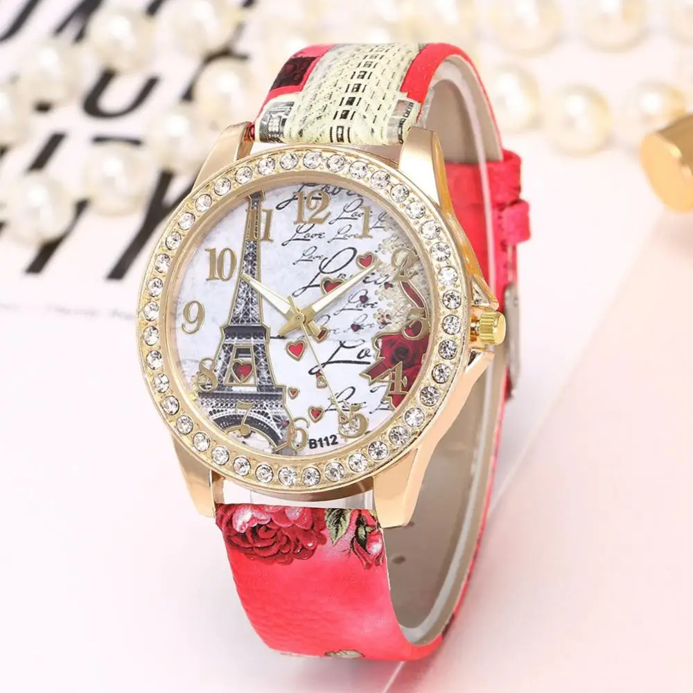 Quartz Watch Analog Rhinestone Women Round Dial Faux Leather Watch Eiffel Tower Strap Quartz Watch