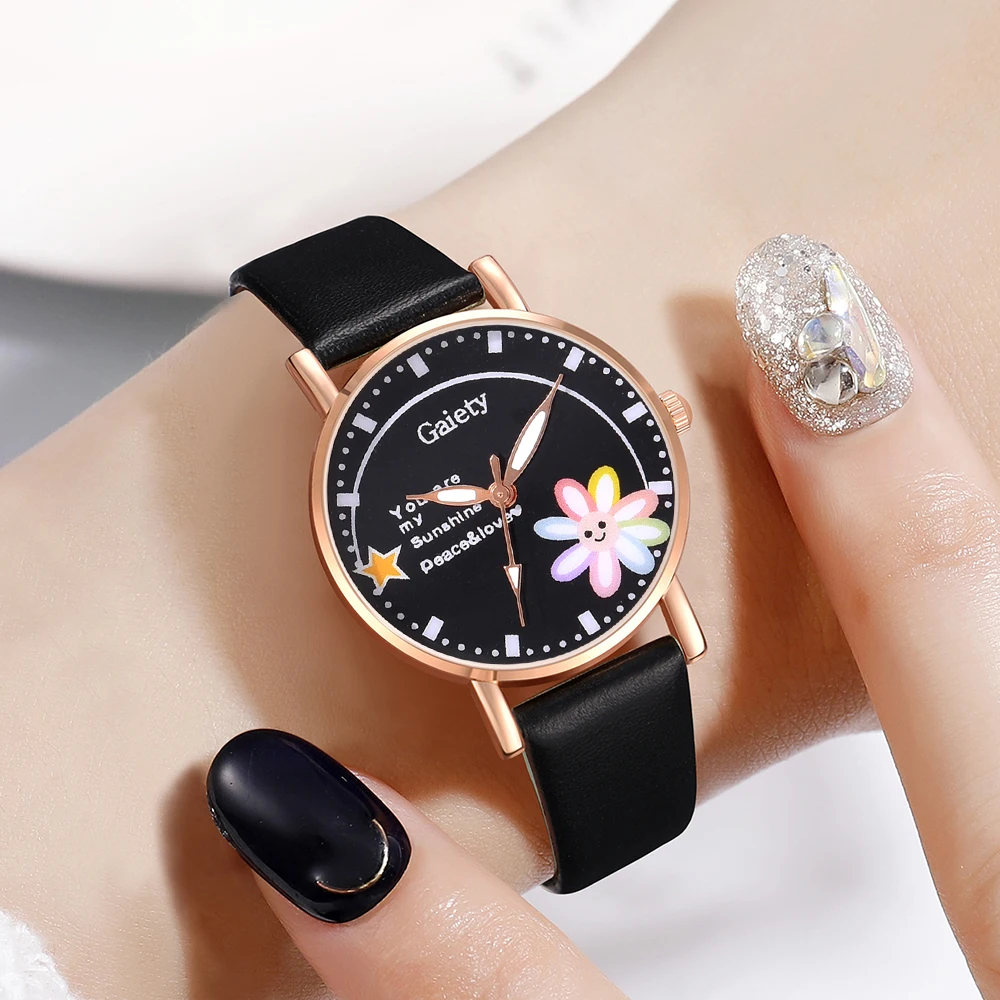 GAIETY Couple Simple Style Flower Element Dial Watch Casual Fashion Quartz Watch Is The Perfect Gift For Her (No Box)