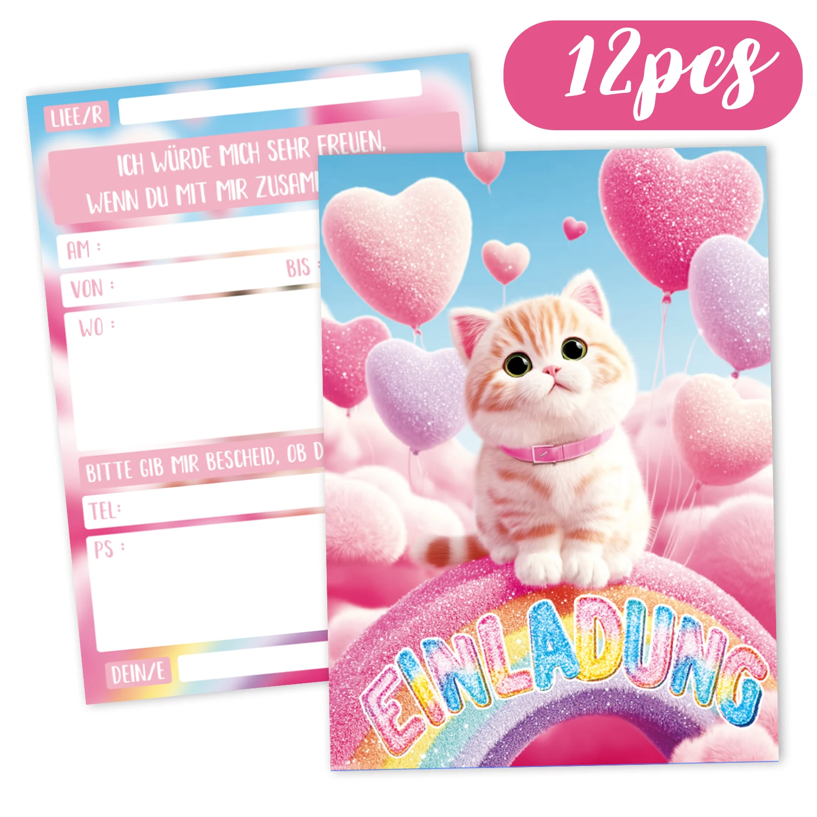 12 قطعة من بطاقة دعوة لطيفة على شكل قطة قوس قزح - بالونة ملونة على شكل قلب وتصميم قوس قزح - مناسبة لحفلات أعياد الميلاد #1