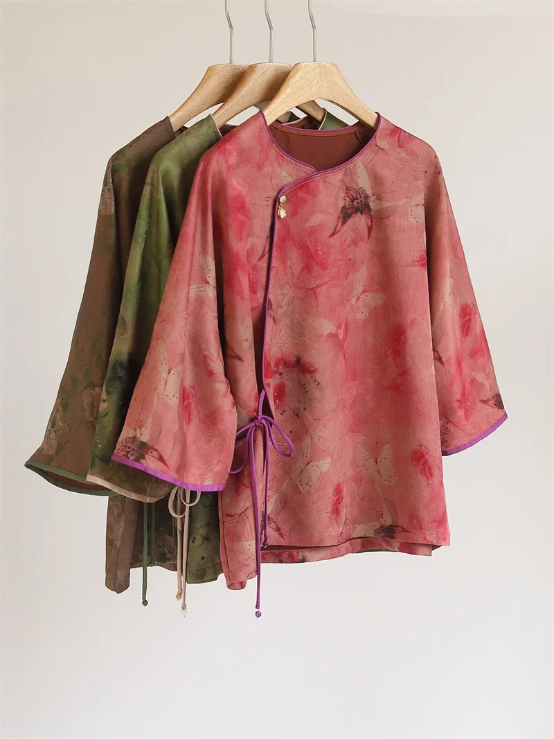 

Шелковая блузка с эффектом окрашивания Red Cloud, свободного кроя, женская, в стиле ретро, с цветовыми блоками, с поясом, в новом китайском стиле, для ранней осени, K500 Fanyoo