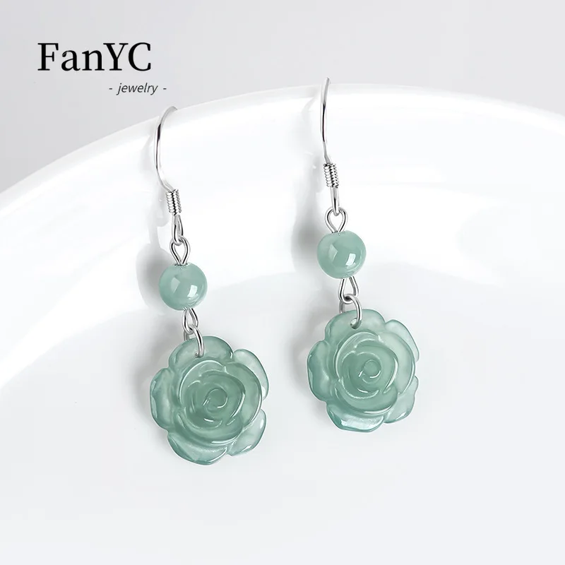 

Myanmar Jadeite Blue Water Rose Earrings S925 Silver Inlaid Hand-carved Exquisite Personality Ice Jade Earrings Ladies Gift