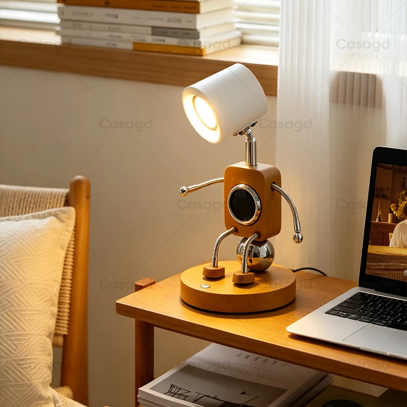 Creative Wooden Robot Bedside Ambient Lamp with Adjustable Articulated Arms Decorative Night Light for Bedrooms and Desks
