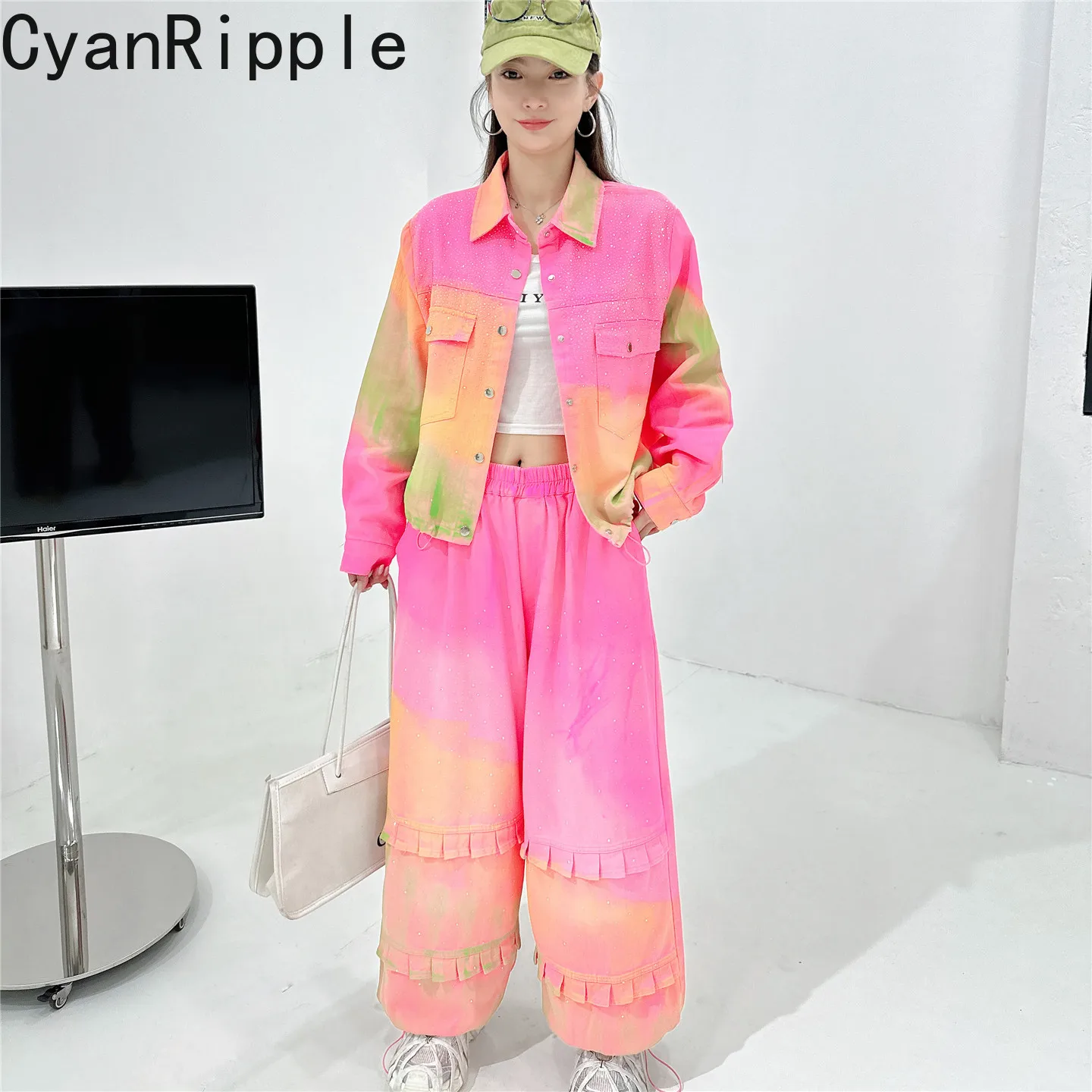 Gradient Hot Diamonds Pink Denim Set New Autumn Loose Long Sleeve Cardigans Coat + Elastic Waist Wide Leg Casual Harem Pants