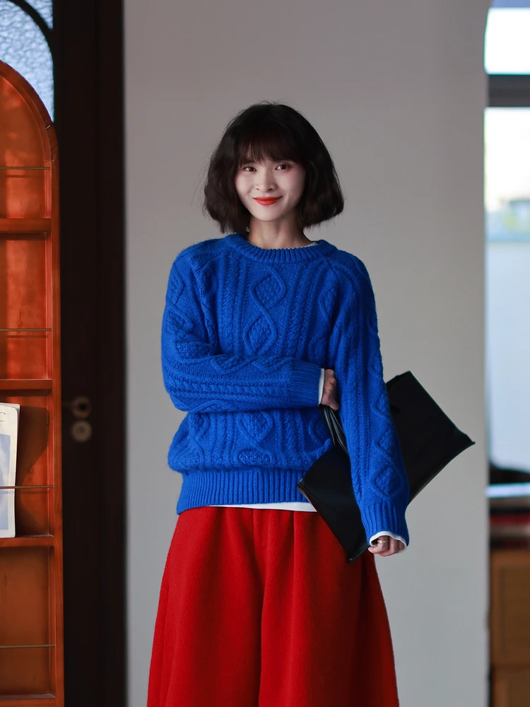 

Свободный вязаный свитер с длинными рукавами и круглым вырезом для женщин, осенне-зимний, из смеси хлопка, полиэстера и шерсти, удобный базовый топ