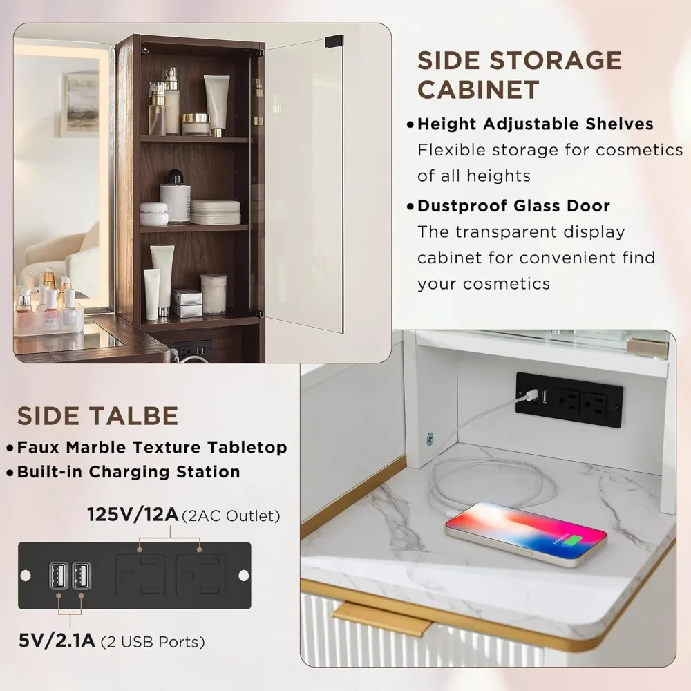 Mesa de maquiagem canelada moderna de 48 polegadas com espelho e luzes iluminadas HD de 36 polegadas