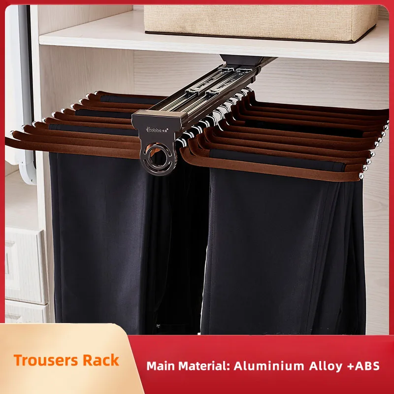 

Telescopic Pants Holder Trousers Rack Wardrobe Clothes Storage Armoire Push pull Damping Cabinet Dress Simple Pants Shelf