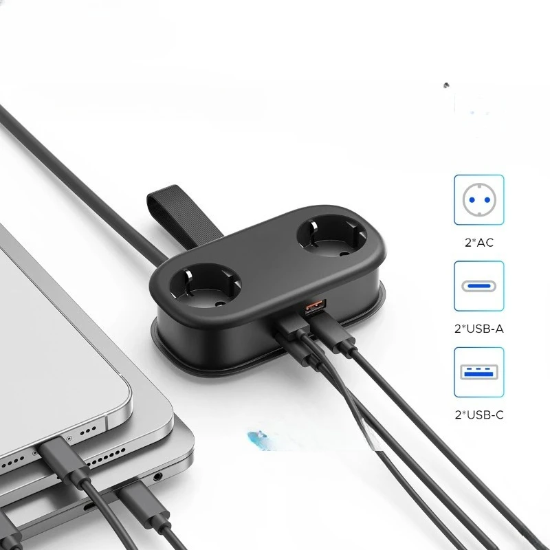 EU Plug GaN 65W Electrical Power Strip  2 AC Outlets 2 USB Port 1 Type C Socket Extension Cord Fast Charging Travel