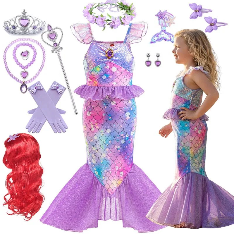Vestido de princesa Ariel de la Sirenita de Disney para niña, disfraz de Cosplay, ropa de disfraz para fiesta de cumpleaños y Halloween, ropa de disfraz de 1 a 12 años