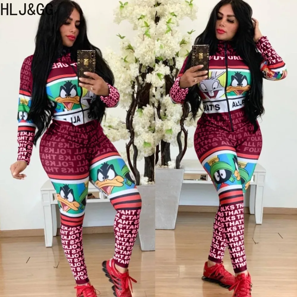 

HLJ&GG Fashion Pattern Letter Printing Bodycon Jumpsuits Women Long Sleeve Slim Playsuits Casual Female Streetwear Overalls 2024