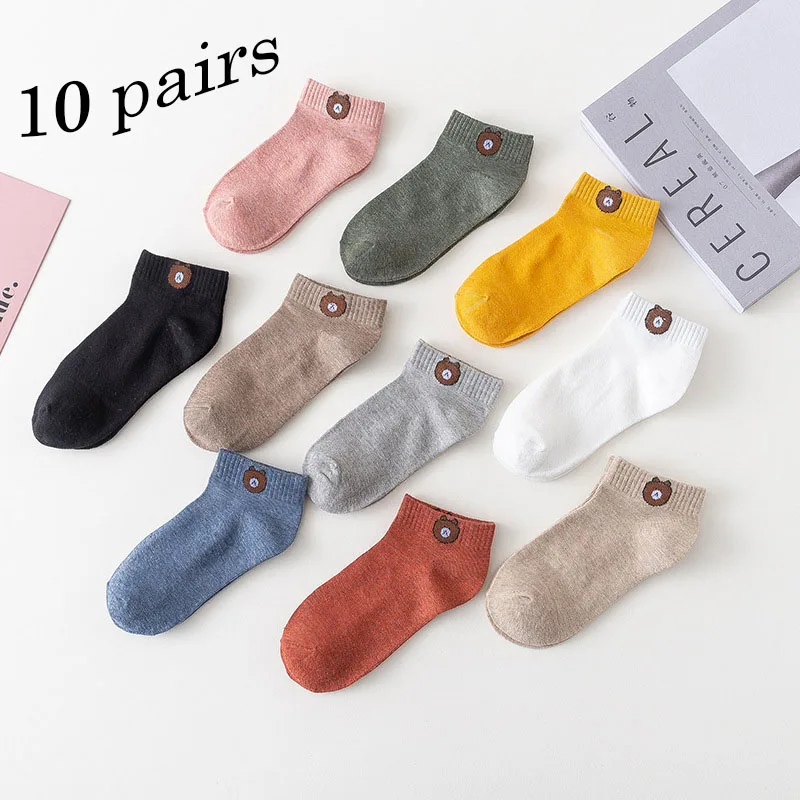 10 Pairs Women Low Tube Socks Set Cute Bear Pattern Fashion Breathable For Female Casual Style Comfortable Socks