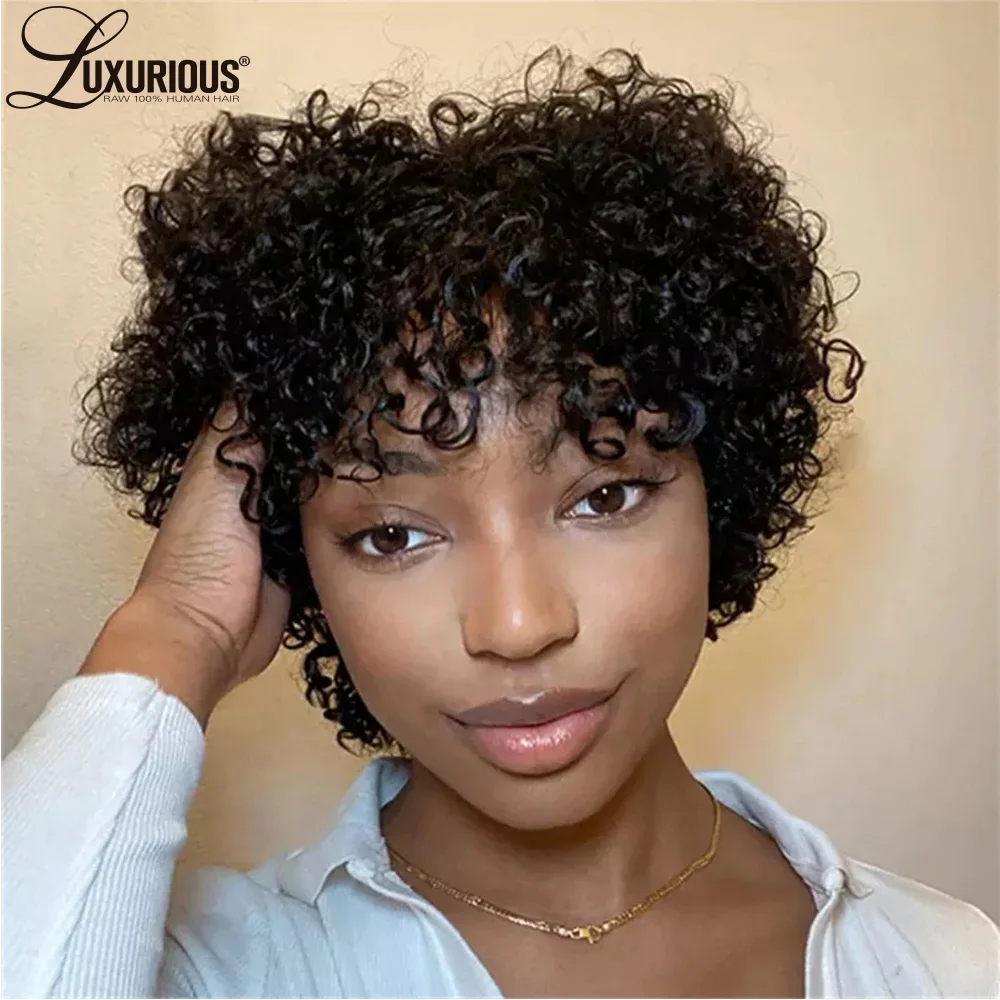 Perruque Brésilienne Naturelle Remy, Cheveux Crépus Bouclés, Pré-Plumés, Faite à la Machine, Coupe Pixie, Courte, pour Femme Noire