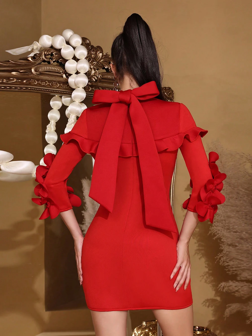 Modphy Spliced ​​Appliques 여성을위한 슬림 미니 드레스 스탠드 넥 3/4 슬리브 기질 드레스 여성