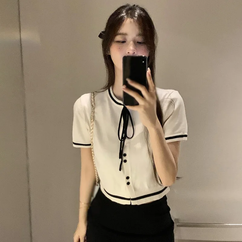 Summer Korean Round Neck Color Clashing Top Bow Tie Top Single-breasted Knit Short-sleeved Tops