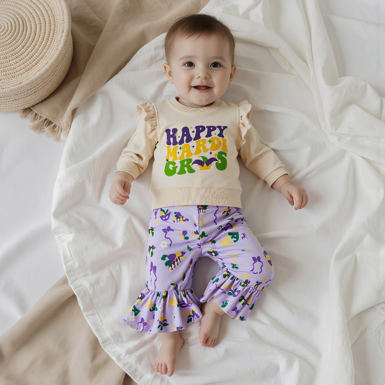 Toddler Girl MardiGras Outfits Letter Print Long Sleeve Round Neck Pullover + Facewear Pattern Flare Pants 2 Pcs Set