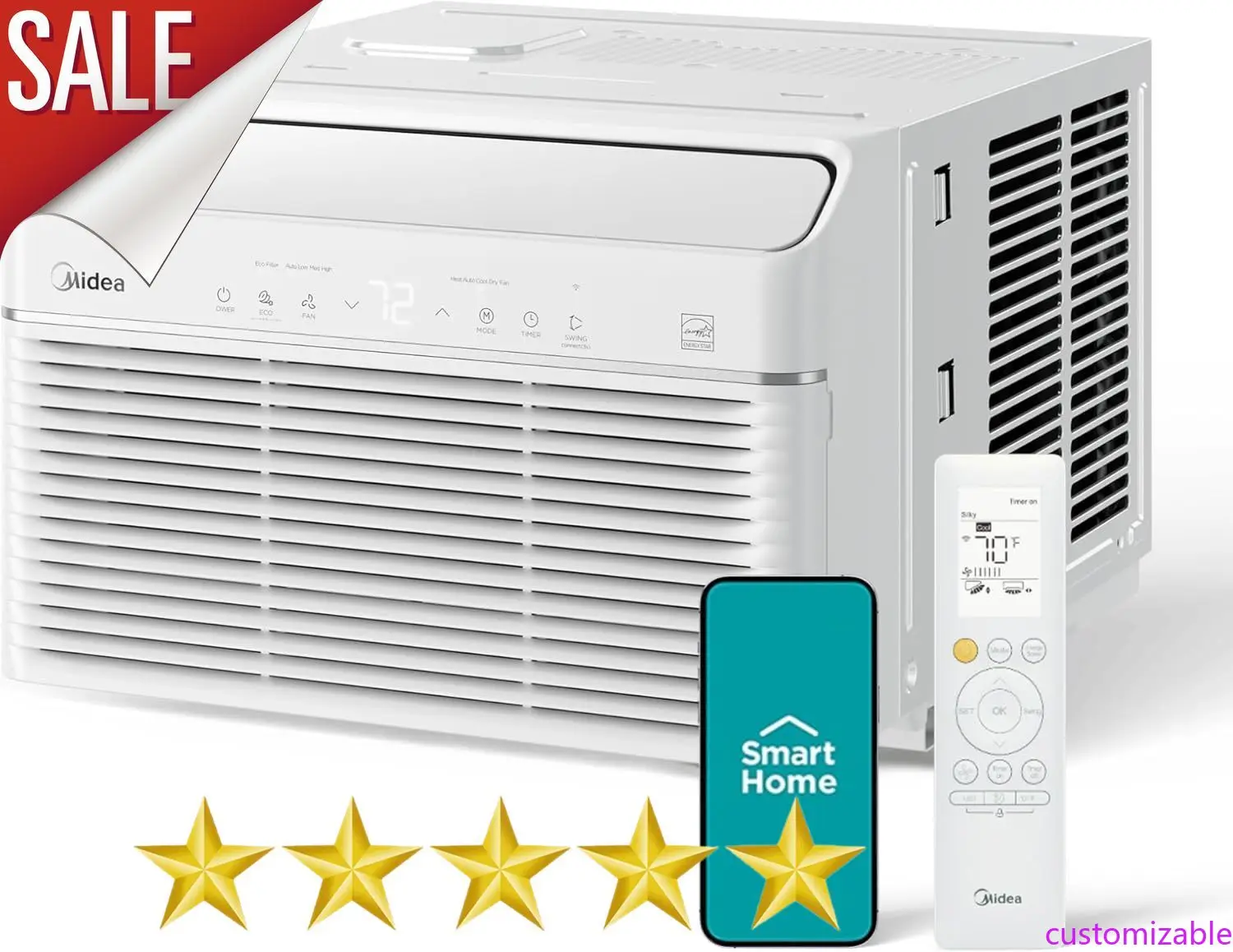 

Customizable 8,000 BTU Smart Inverter Air Conditioner Window Unit with Heat and Dehumidifier – Cools up to 350 Sq. Ft., En
