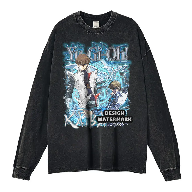 Anime yu gi oh camiseta de manga longa olhos azuis dragão branco mágico preto vintage lavado mangá moletom oversized masculino menina