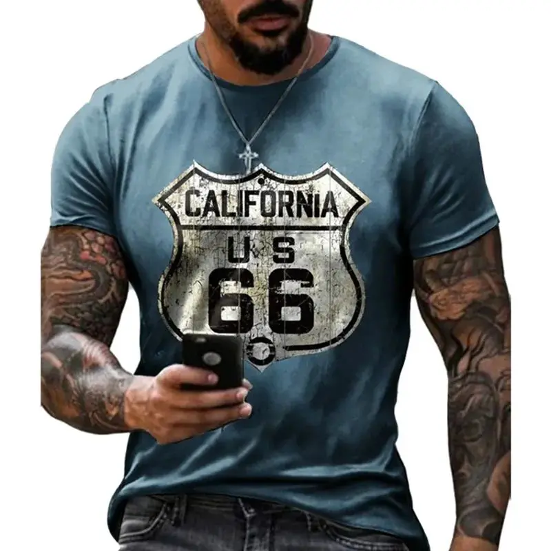 Estate uomo retrò classico moda americano Route 66 modello t-shirt Hd stampa 3d O collare corto allentato traspirante Plus Size Top